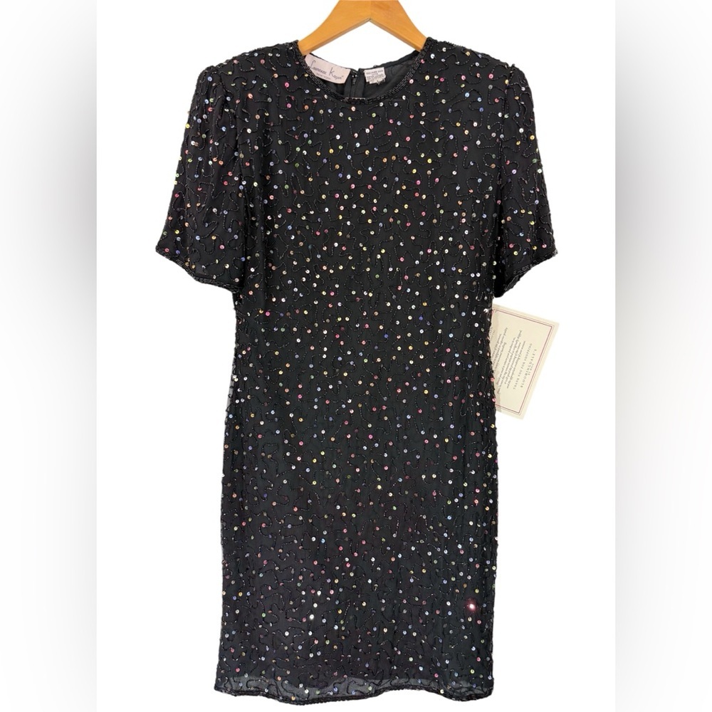 Laurence Kazar Vtg Party Dress NWT LP Black Rainbow Beaded Sequin Holiday Party